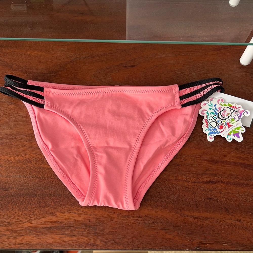 New Becca bikini bottom swimsuit scuba mesh net varsity pink black- medium women